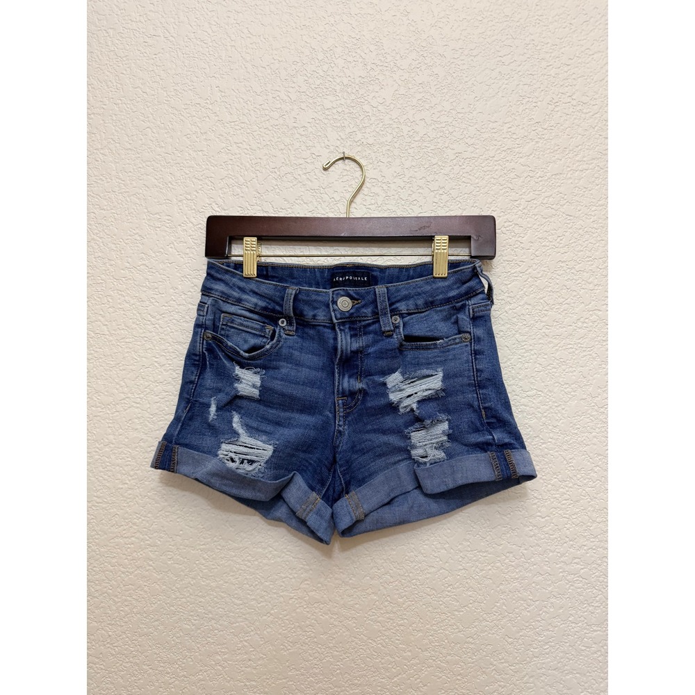 Aeropostale Low Rise Distressed Denim Midi Shorts, Size 2